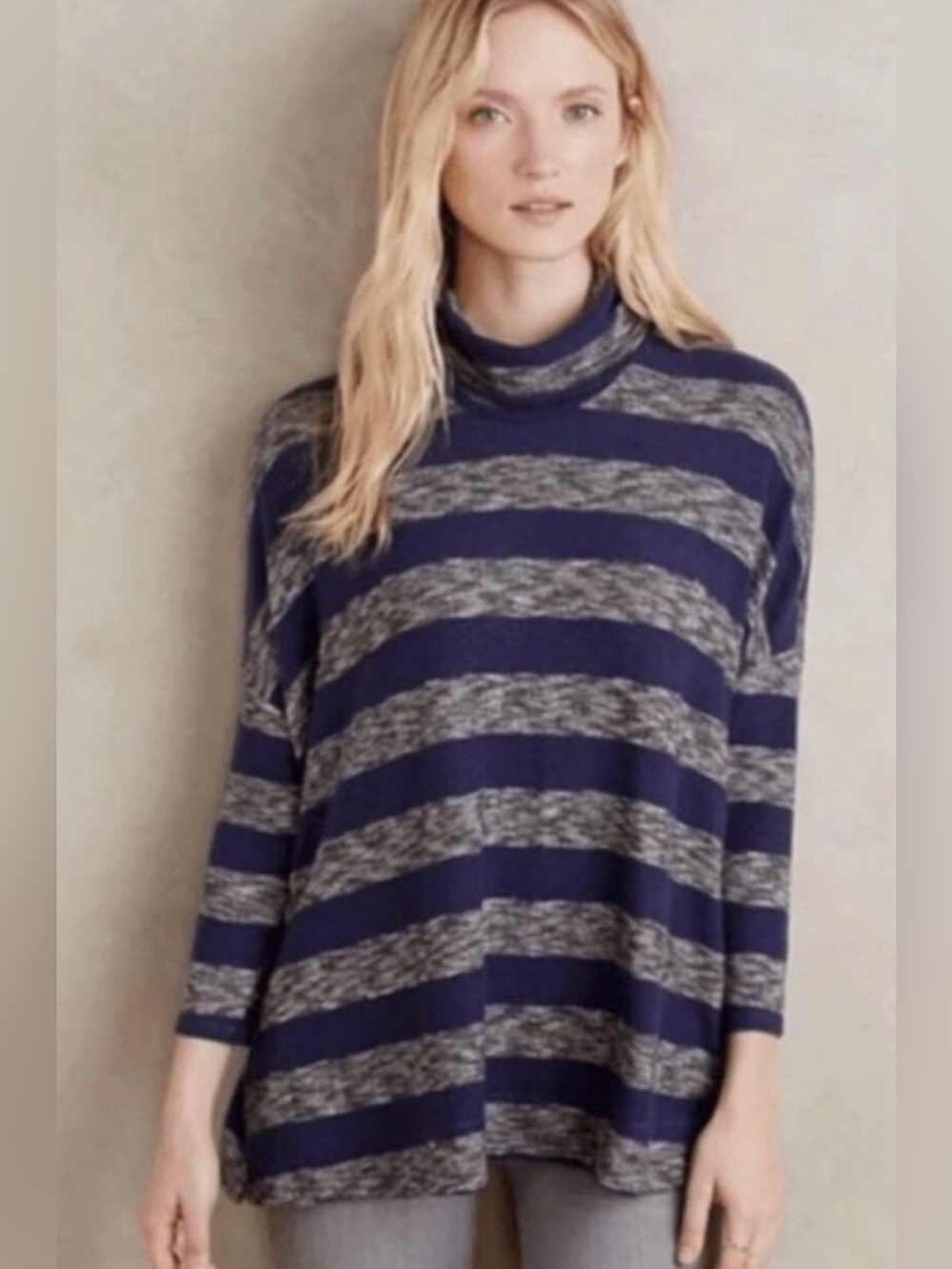 Anthropologie Blue Grey Striped Tunic Sweater Size XS